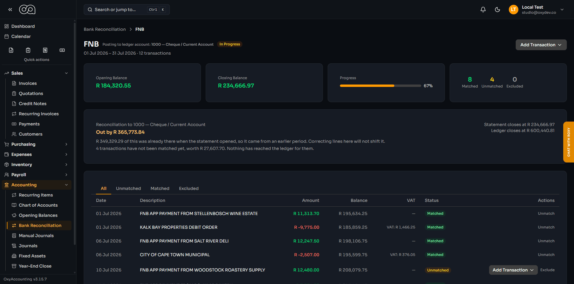 The bank reconciliation screen, with imported statement lines matched to payments and expenses.