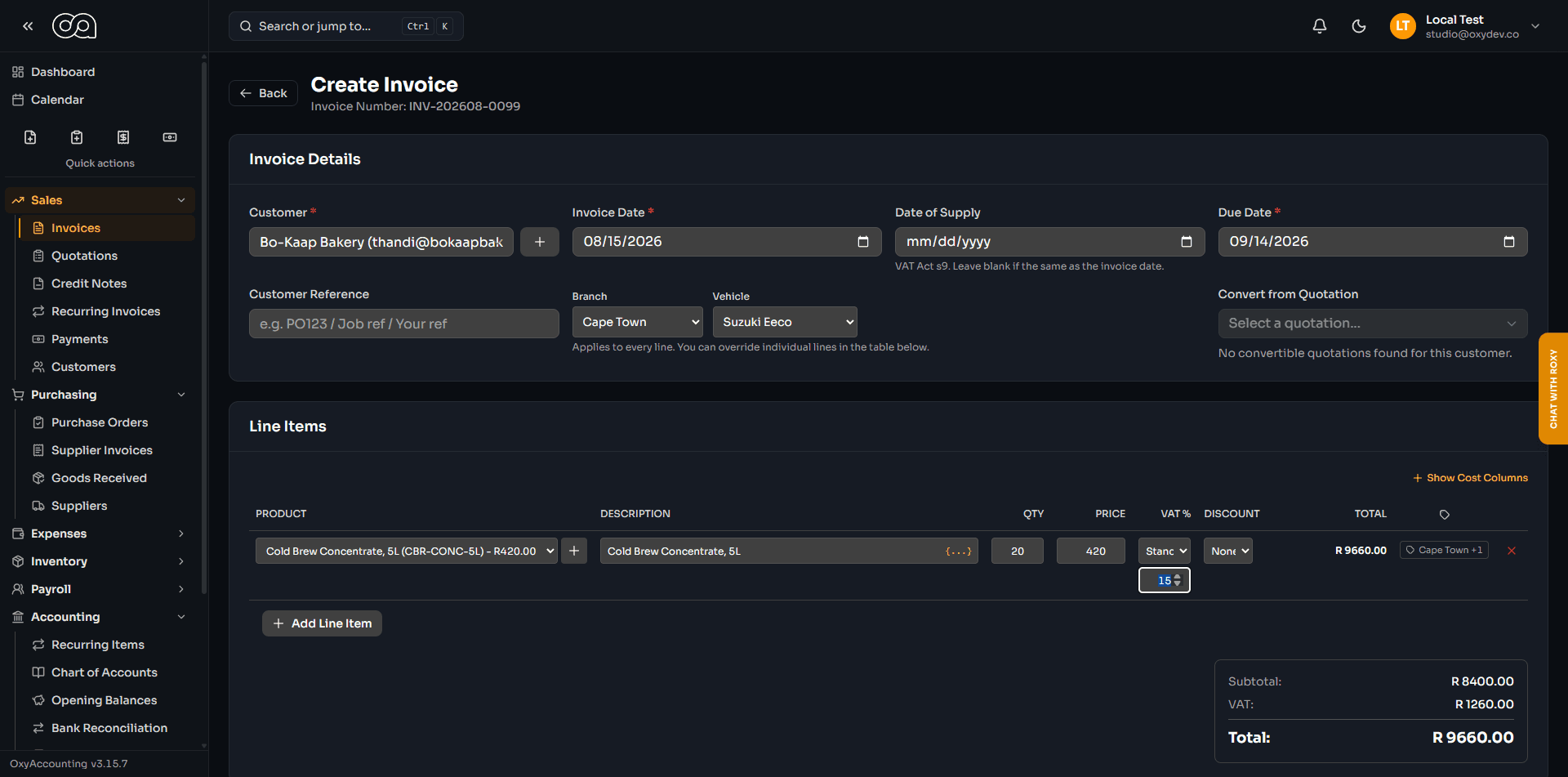 Creating an invoice in OxyAccounting, with line items, per-line VAT treatment and a running total.