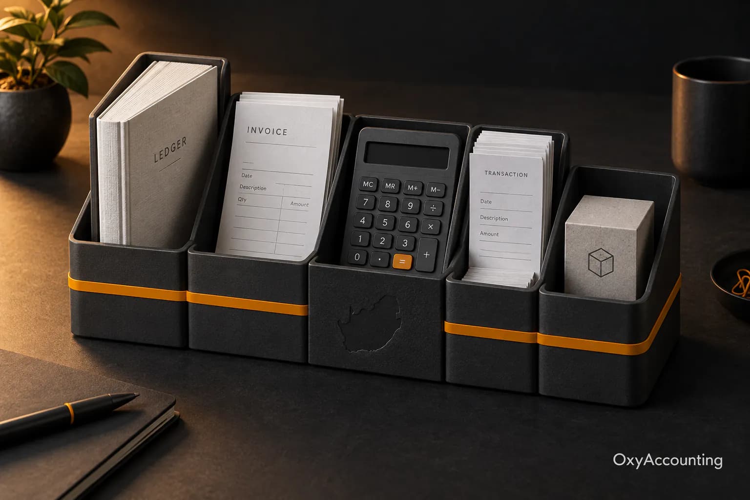 An organised accounting toolkit containing a ledger, invoice, calculator, transactions and inventory, joined by an amber band.