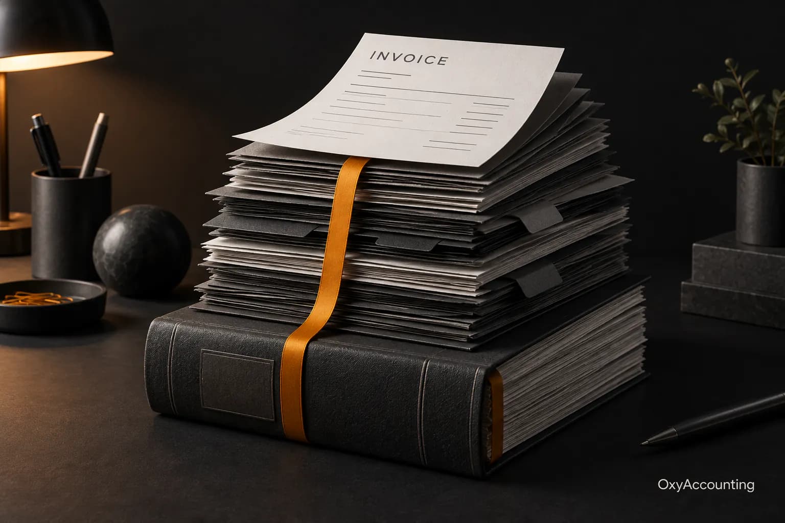 A single invoice resting above a substantial stack of bookkeeping records bound into a ledger with an amber ribbon.