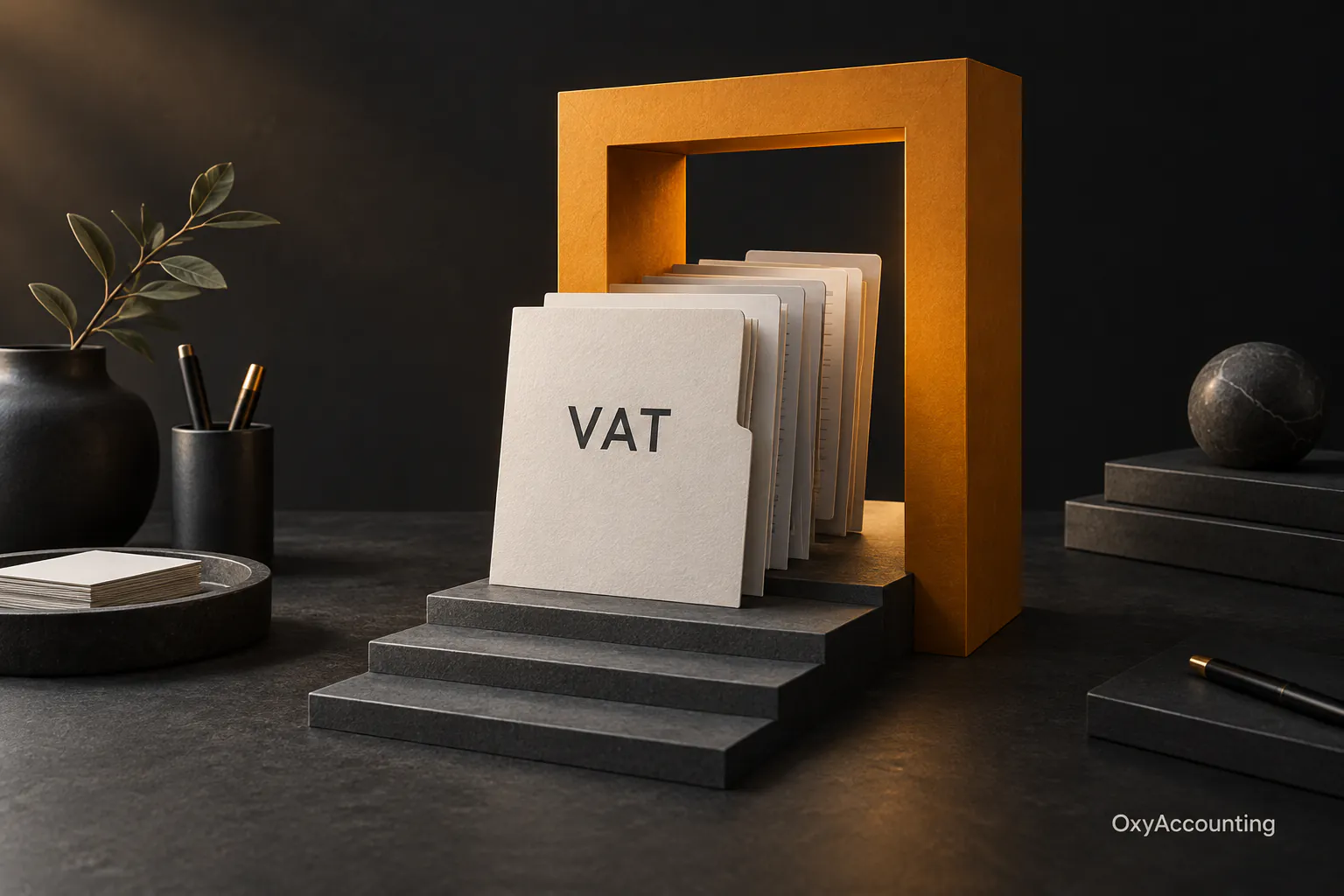 A folder of VAT registration documents moving up three steps through an amber doorway.
