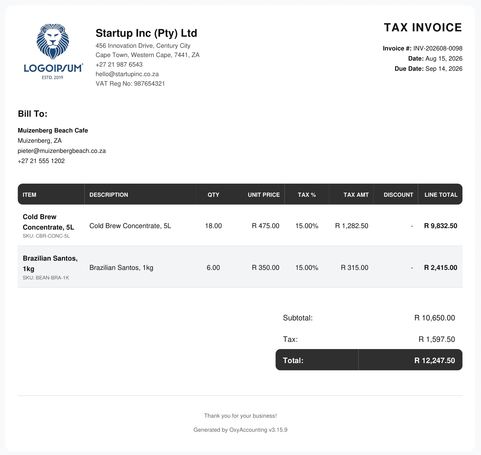 A tax invoice generated by OxyAccounting, showing the Tax Invoice heading, the supplier's name, address and VAT registration number, the customer's details, an invoice number and date, line descriptions with quantity and unit price, and a subtotal, VAT and total block.